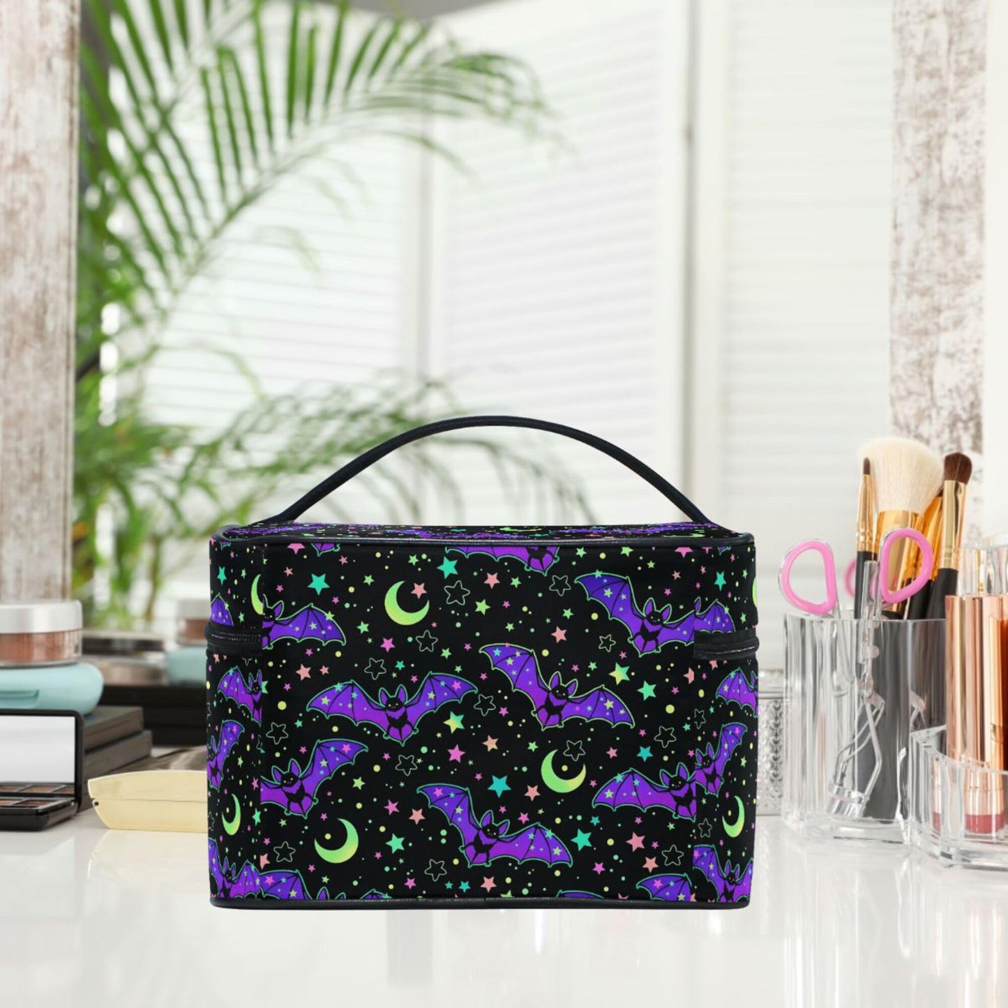MNSRUU Goth Makeup Bag, Magic Gothic Galaxy Bat Makeup Organizer Bags Toiletry Bag Box Travel Cosmetic Bag Make Up Train Case for Women Teen Girl Ladies Skulls 219