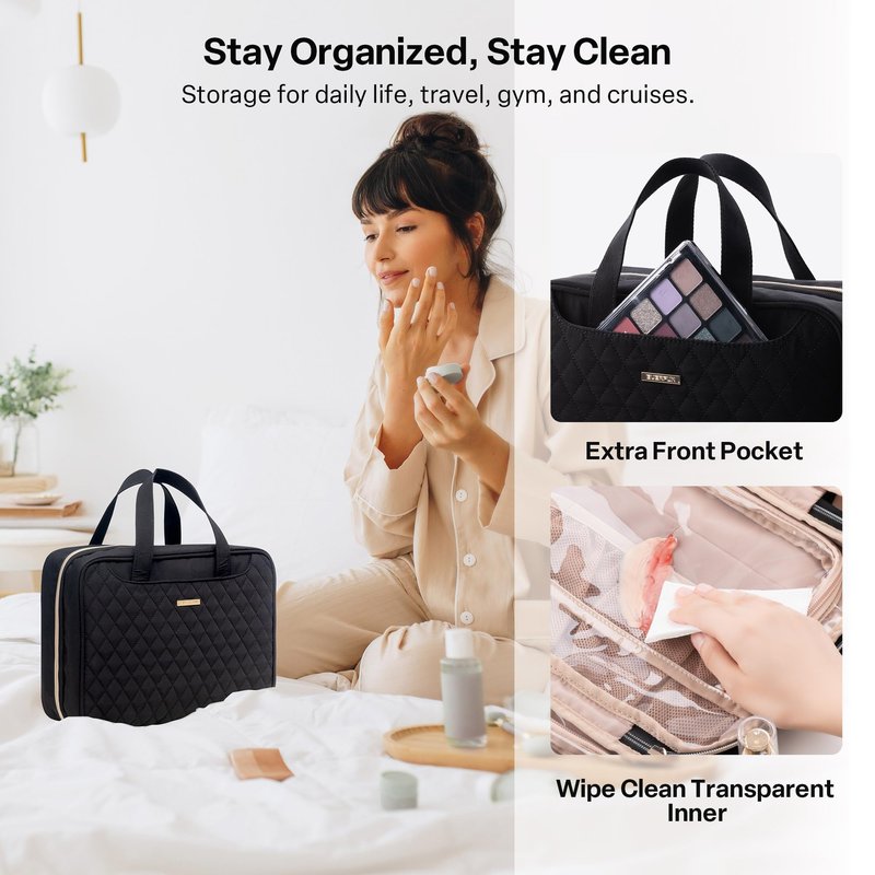 Everfun Travel Toiletry Bag with Hanging Hook and Leakproof Wet/Dry Compartments, Large Capacity Makeup Cosmetic Organizer for Women, 12x9x4.5 Inch, Black
