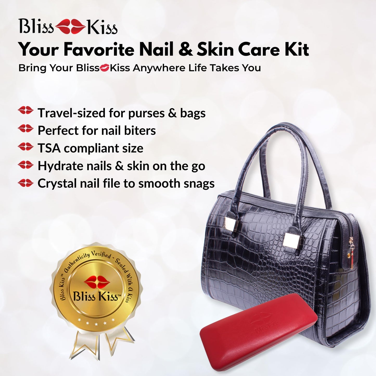 Bliss Kiss Nail Travel Manicure Kit - Great Gift Idea - Easy carry, to-go case to care for your nails, skin, and lips - Hydrating Nail and Cuticle Oil, Lotion Stick, Crystal Nail File, Lip Balm