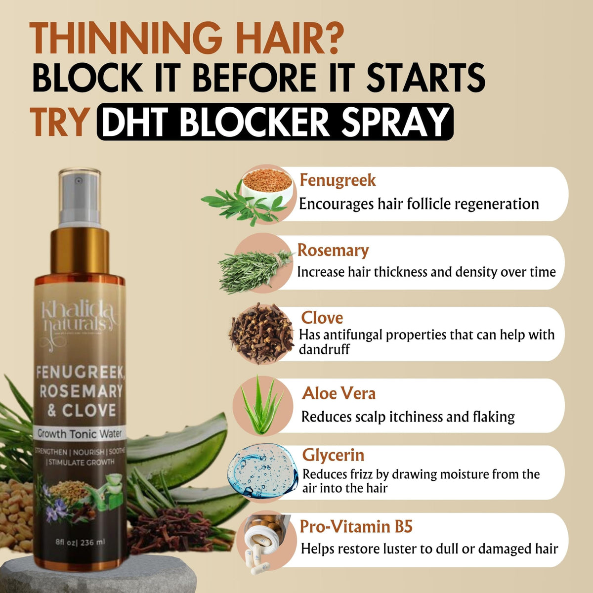 KhalidaNaturals Hair Growth Spray with Fenugreek, Rosemary, Clove, Aloe Vera. DHT Blocker. Promotes Hair Growth, 8 fl oz