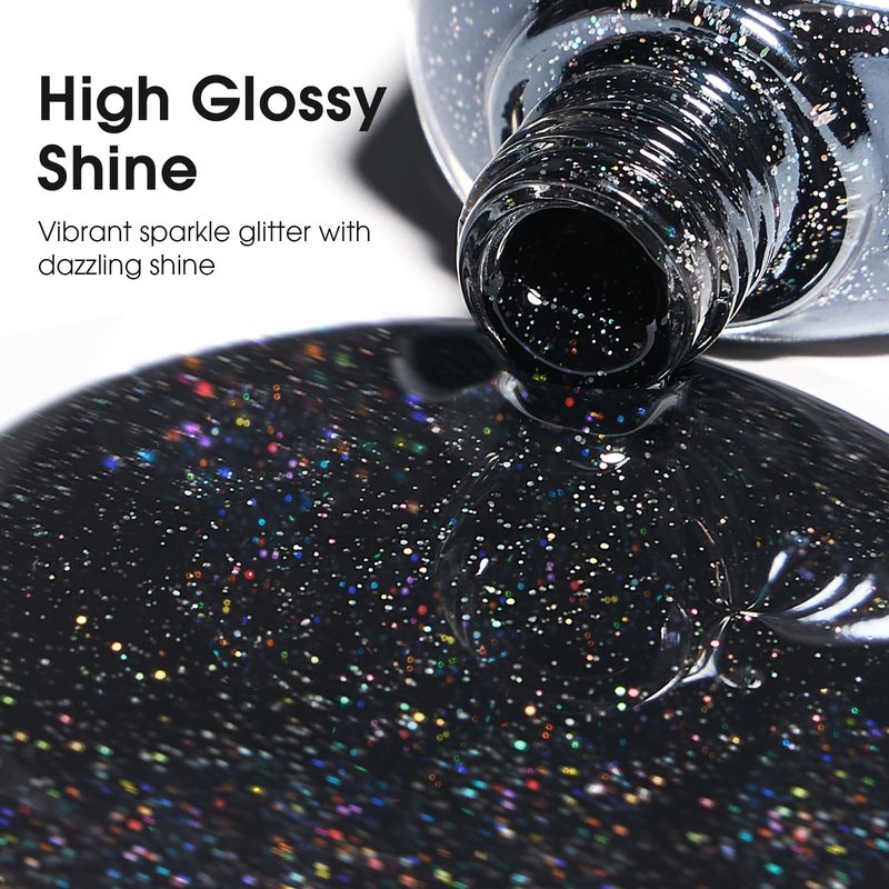 COSMOO Black Glitter Quick Dry Nail Polish 12ml, Shimmer Chip Resistant DIY Nails Art for Ladies, Vegan, Fast Drying, Streak, Long Lasting