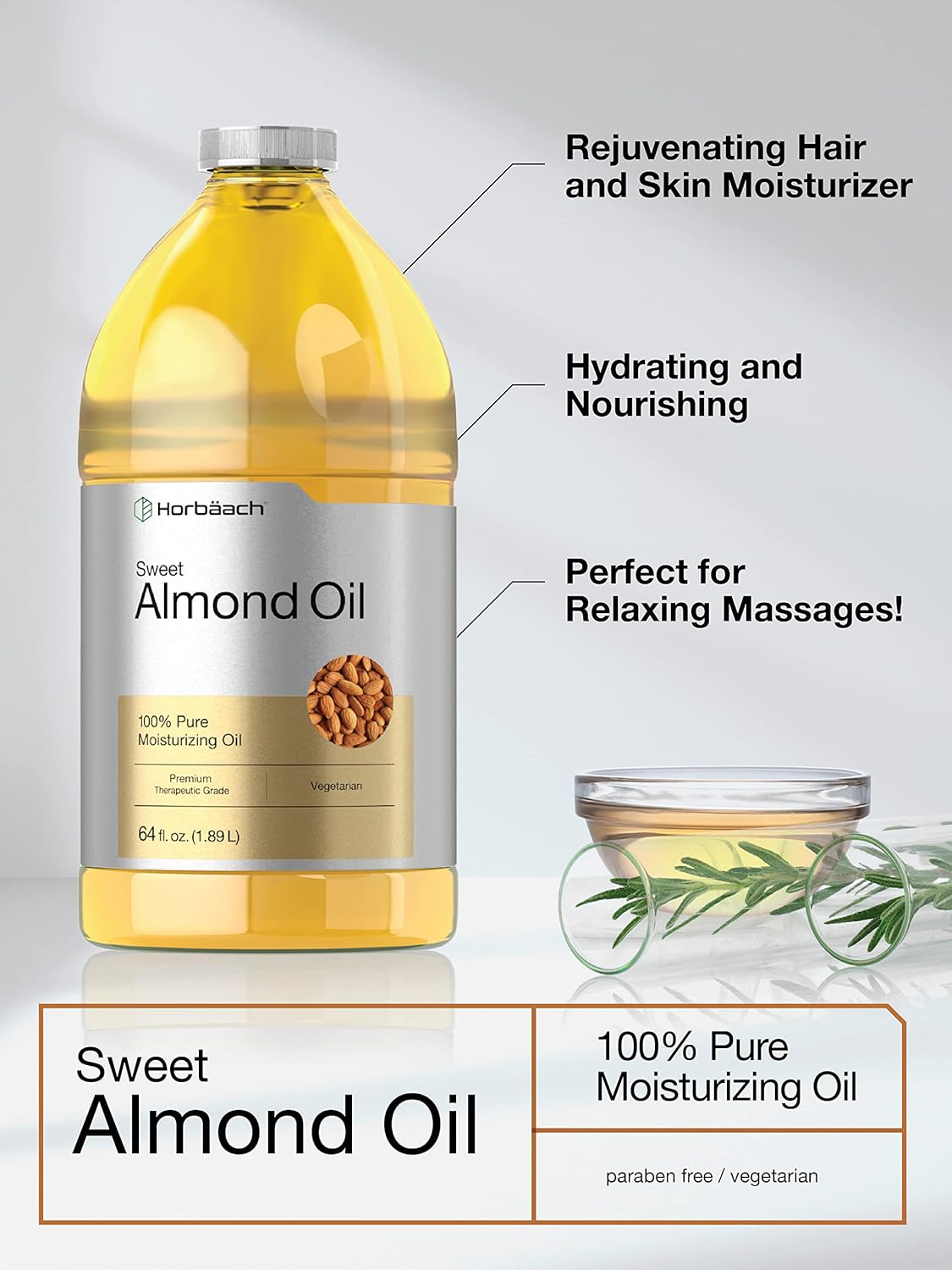 Sweet Almond Oil - Cold Pressed Moisturizing Oil for Skin & Hair | 64 fl oz | Vegetarian, Non-GMO, Gluten Free