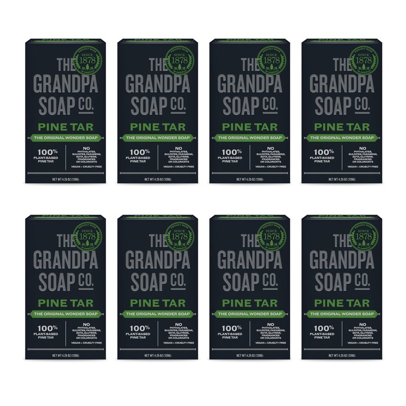 The Grandpa Soap Company Pine Tar Bar Soap for Men- Made With Pine Tar Oil, 3 in 1 Cleanser Deodorizer and Moisturizer, Dermatologist Tested, Safe for Sensitive Skin, 4.25 Oz, 8 Pack