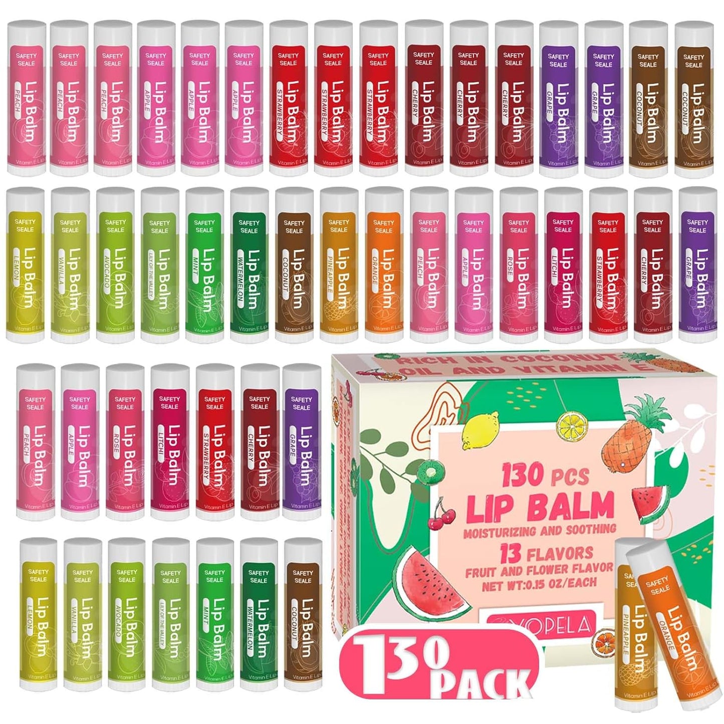 Yopela Natural Lip Balm Bulk - 130 Pack with Vitamin E & Coconut Oil | Moisturizing & Soothing 0.15 Oz