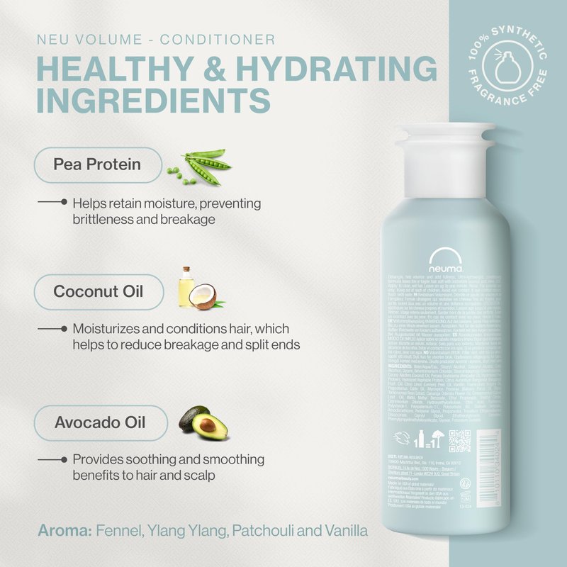 Neuma Neu Volume Conditioner 8.5 Fl. Oz. Fennel, Ylang Ylang, Patchouli, and Vanilla Scent, Moisturizing Conditioner Sulfate Free Paraben Free