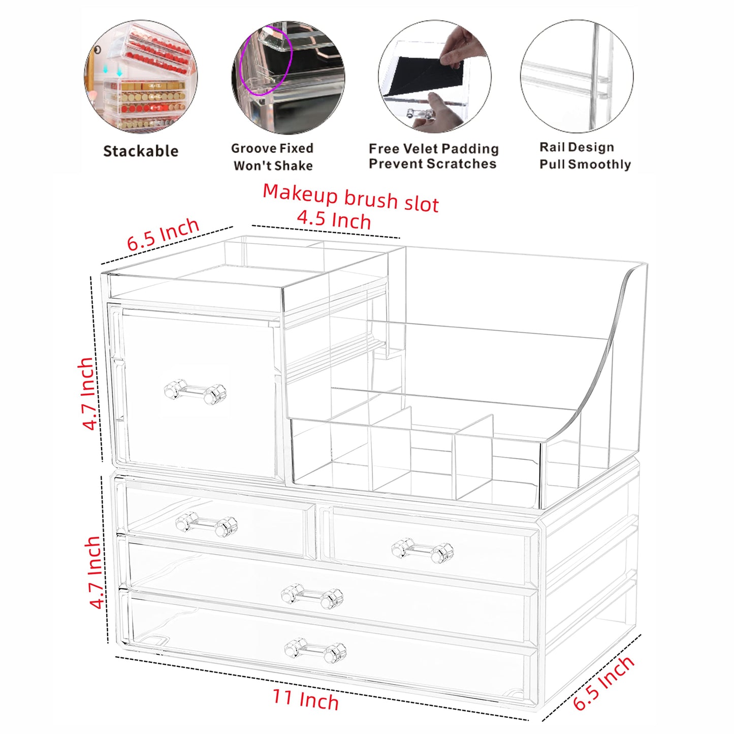 Cq acrylic 2 Pack Clear Make up Organizer Countertop,Stackable 5 Drawers Makeup Storage,Cute Vanity Organizers for dresser Hair Clip,Jewelry,Beauty Product Desk and Bathroom Organizers and Storage