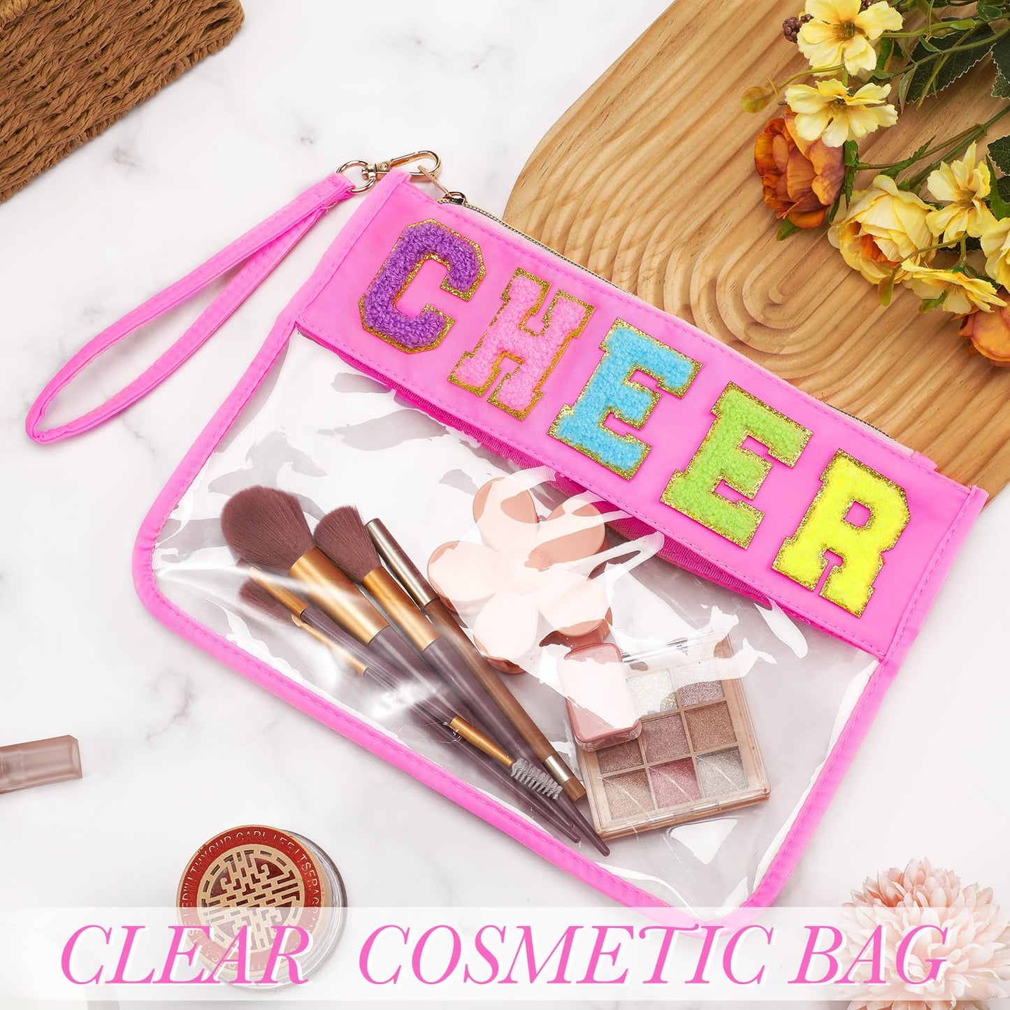 Abbylike 12 Pcs Cheer Bags Cheerleaders Gifts Chenille Letter Makeup Bag Clear Snack Bag with Zipper Waterproof Travel Cosmetic Pouch Bulk for Team Cheerleading Women Mom(Pink)