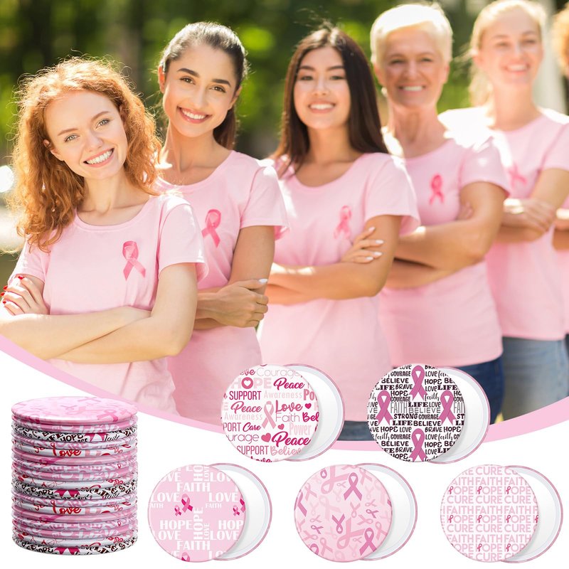 Pinkunn 100 Pcs International Women's Day Gifts Bulk for Woman Pink Inspirational Faith Compact Mirrors for Nurse Coworkers Motivational Cancer Awareness Small Pocket Travel Makeup Mirrors (Ribbon)