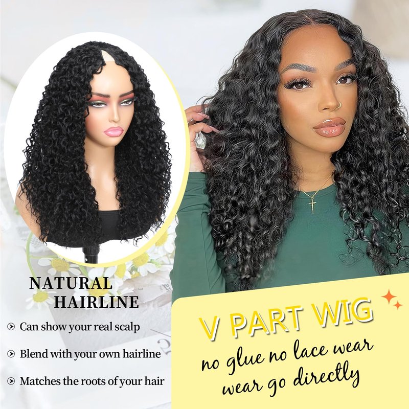 HUA 14 Inch Curly V Part Wig Human Hair Mixed Synthetic Upgrade U Part Human Hair Wig for Black Women Daily Use Glueless V Shape Wigs Afro Curly Wigs 180% Density 1B#