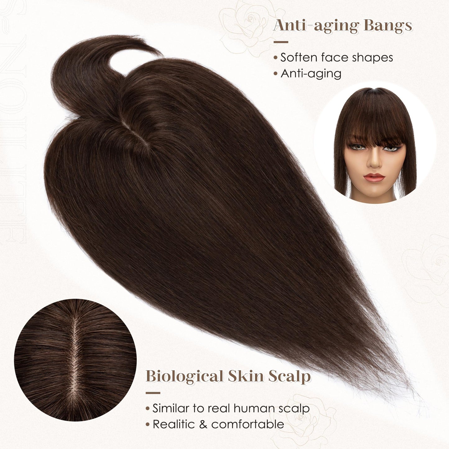 S-noilite Human Hair Toppers for Women with Bangs 100% Real Human Hairpiece 5"x3" Clip in Silk Base Topper Piece Cover Thinning Fine Hair 12 inch Chocolate Brown