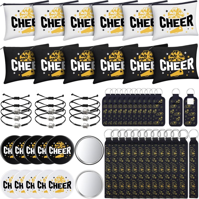 Sunnymove 60 Pcs Cheerleader Gifts Bulk Cheer Team Gifts for Women with Cheerleader Cosmetic Bags Makeup Mirror Bracelets Lipstick Holder Keychains Lanyard Cheer Team Party Favors(Black Gold)