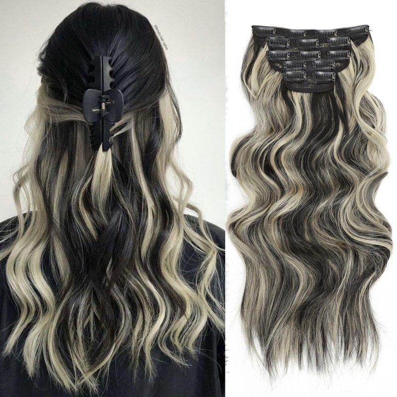 WOKAA Synthetic Clip in Hair Extensions Long Wavy Hair Extension Clip ins 5Pcs 20 Inch Black mix Blonde Thick Hairpieces for Women