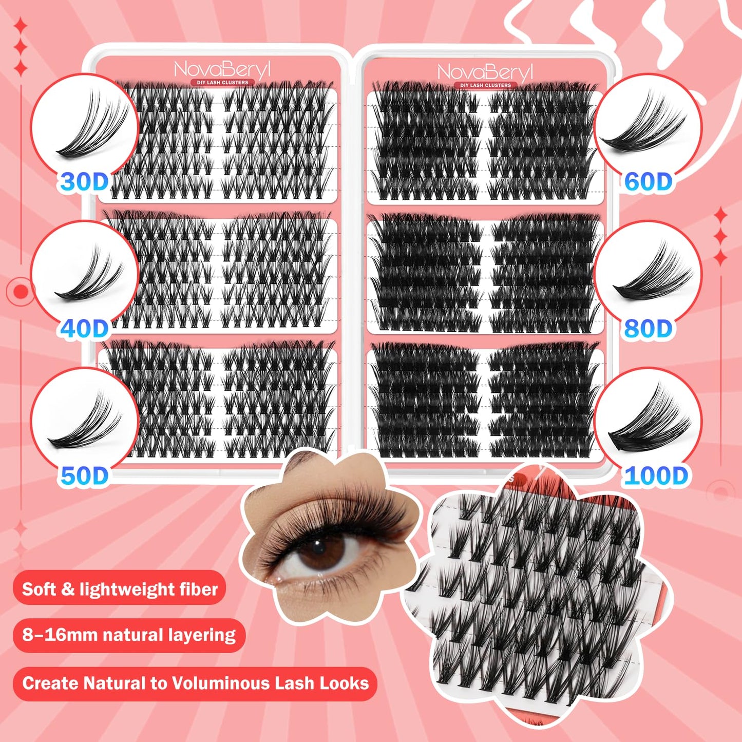 NovaBeryl Lash Clusters Kit–708PCS DIY Eyelash Extension Kit with Bond & Seal, C Curl 30D–100D 0.07mm Soft Individual Cluster Lashes for Natural, Fluffy & Volume Looks (TWEEZERS)