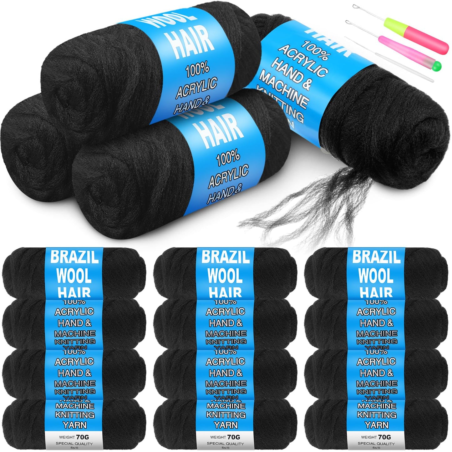 Knitgrip 16 Roll Natural Black Brazilian Wool Hair Acrylic Yarn for African Crochet Braiding Hair Senegalese Twisting Knitting Hair Braids Jumbo Braids Faux Locs Spiral Braids