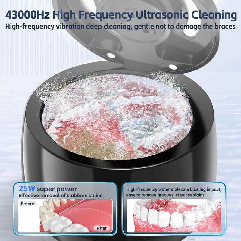 Ultrasonic Retainer Cleaner Machine - 42kHz for Dentures, Aligners & Jewelry | Black