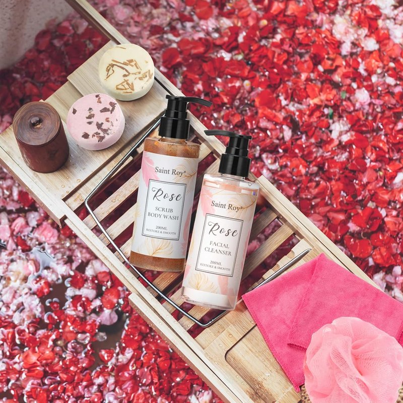 Spa Gift Set for Women - Self-Care Rose Bath & Body Kit | Includes Body Wash, Clay Mask & Essential Oil