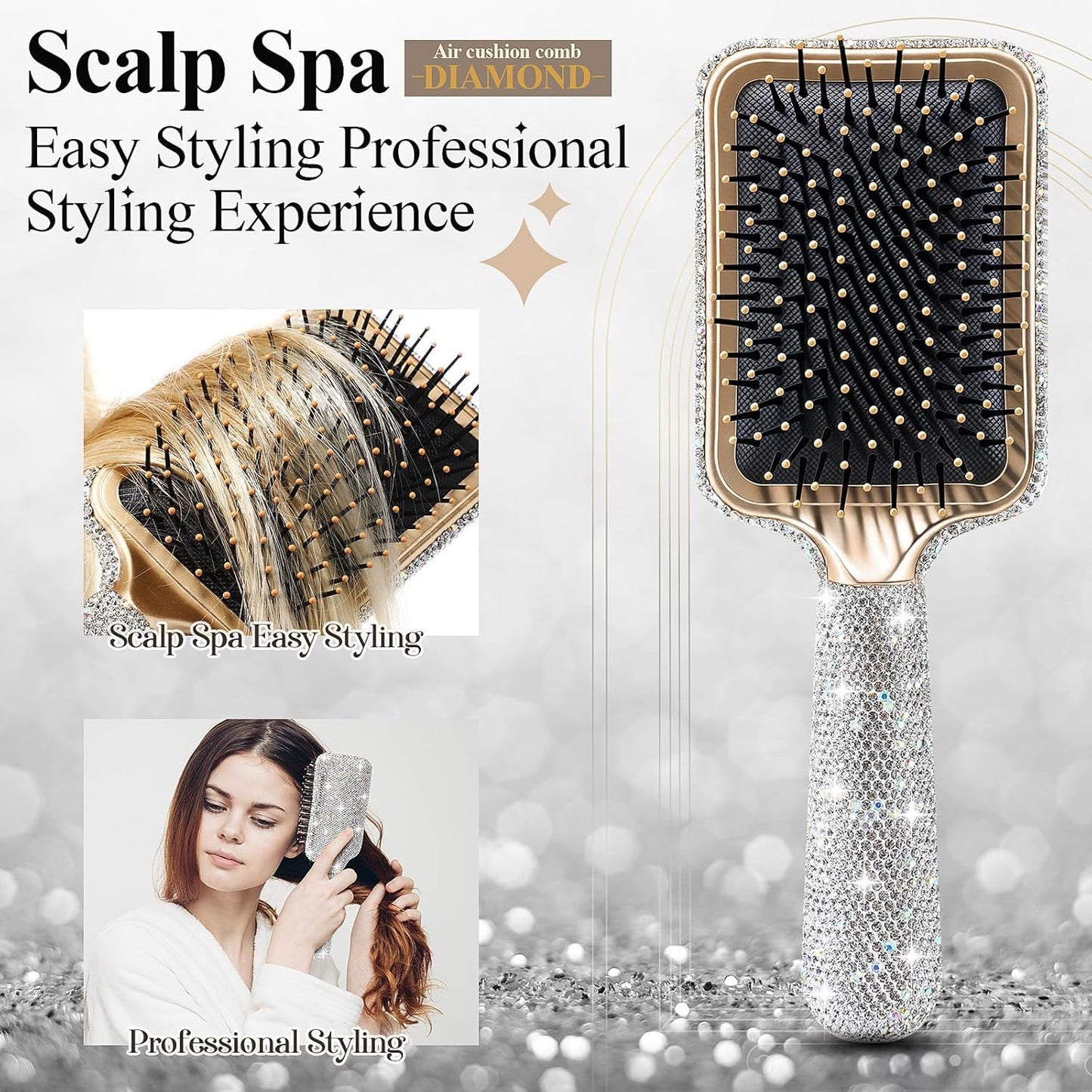Rhinestone Hair Brush for Women - Bling Detangling Paddle Comb | Curly & Wet/Dry Hair Types