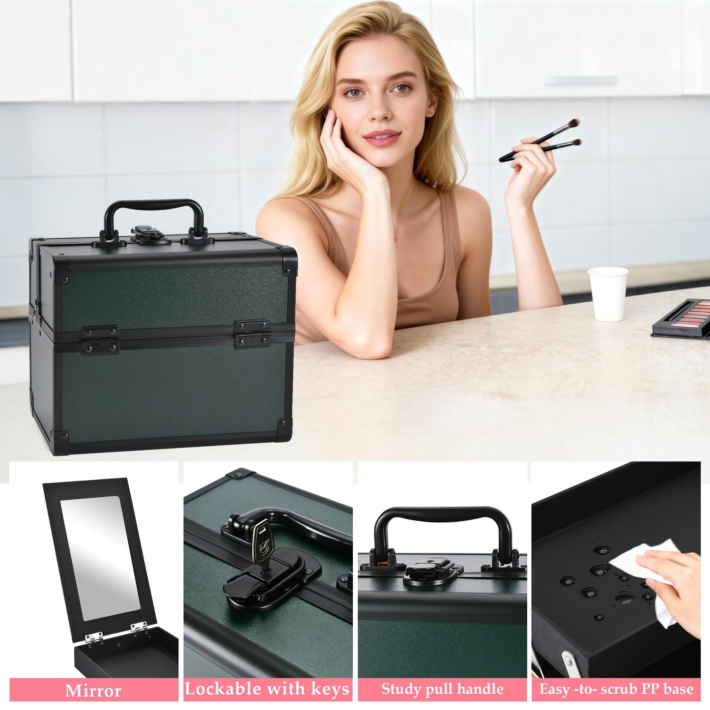GALHUBIS Makeup Train Case, Portable Makeup Case with Mirror, 2-Trays Cosmetic Organizer Case,Nail Polish Organizer, Travel Makeup Box, Profesional for Salon Barber, Green