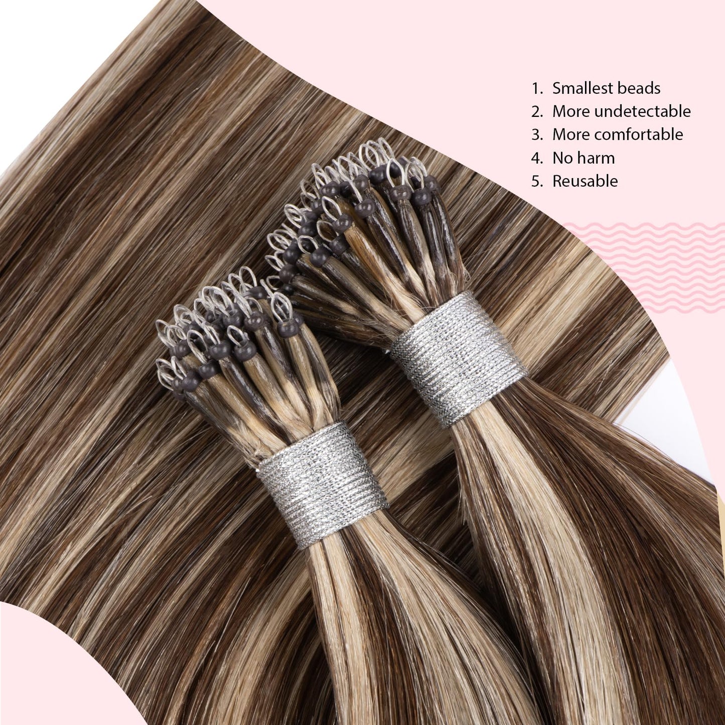 Senmy Microbead Hair Extensions Human Hair 14inch #4/613 Brown mix blond Nano Bead Hair Extensions Human Hair 1g/strand 50g Nano Ring Extensions For Women