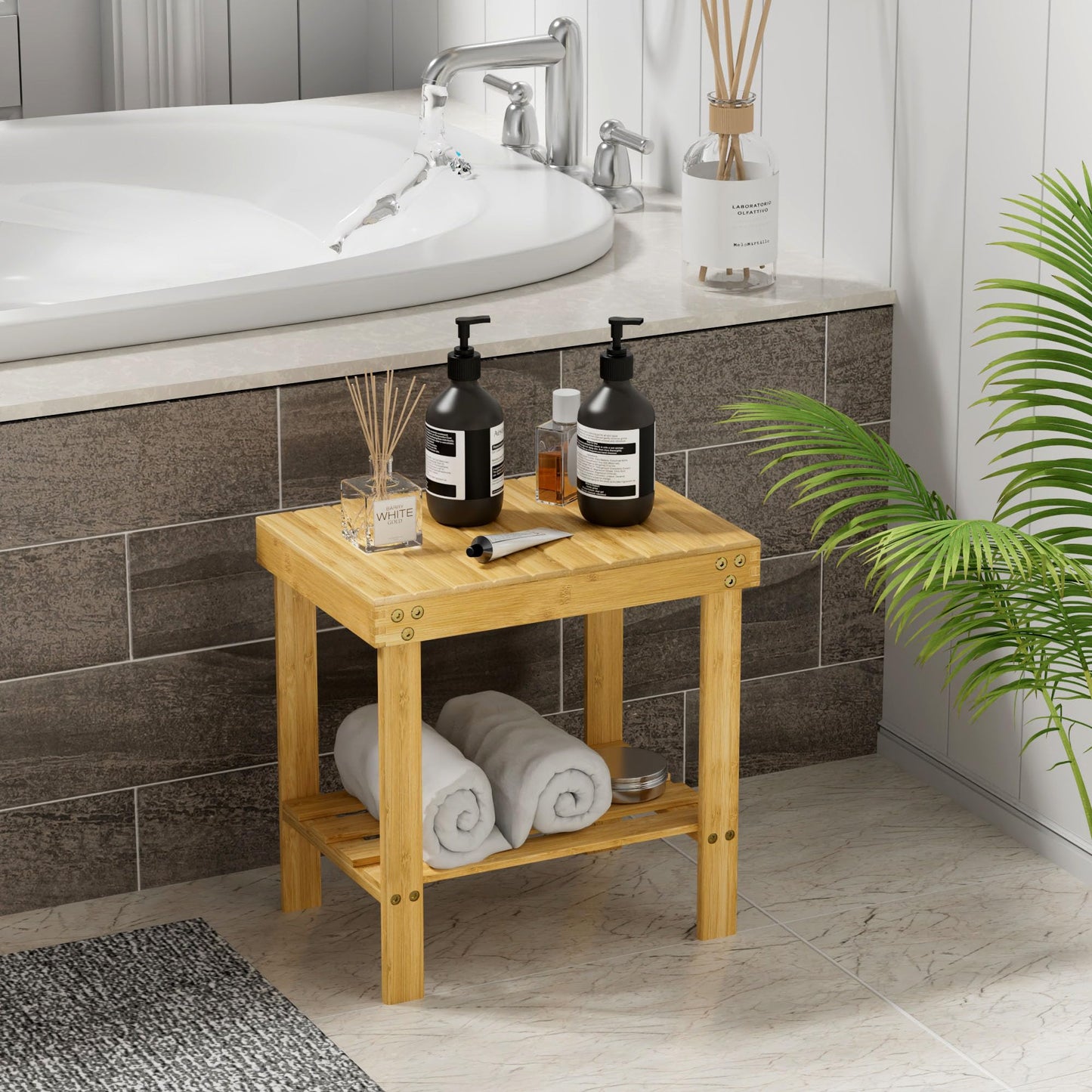 Glavbiku Bamboo Shower Chair, Shower Foot Rest for Adults & Kids, Non-Slip Bath Stool with Storage Shelf, Safe & Stable Wooden Bench for Spa, Bathroom, Bedside, Living Room - White