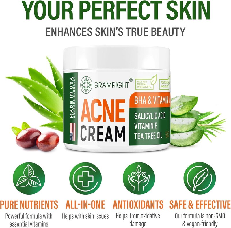Acne Face Cream - Natural Tea Tree Oil & Salicylic Acid Treatment for All Skin Types | 4 fl. oz Cystic Acne Solution