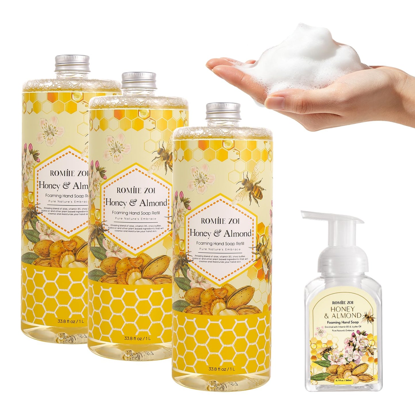 ROMIIE ZOI Foaming Hand Soap Refills, Honey & Almond, 33.8 Fl Oz, 3-Pack