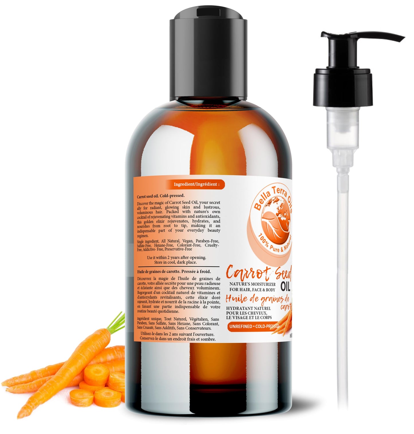 Bella Terra Oils - Organic Carrot Seed Oil 8 oz - Unveiling Organic Carrot's Enzymes & Nutritional Benefits, A Cold-Pressed Delight for a Natural Skin Glow