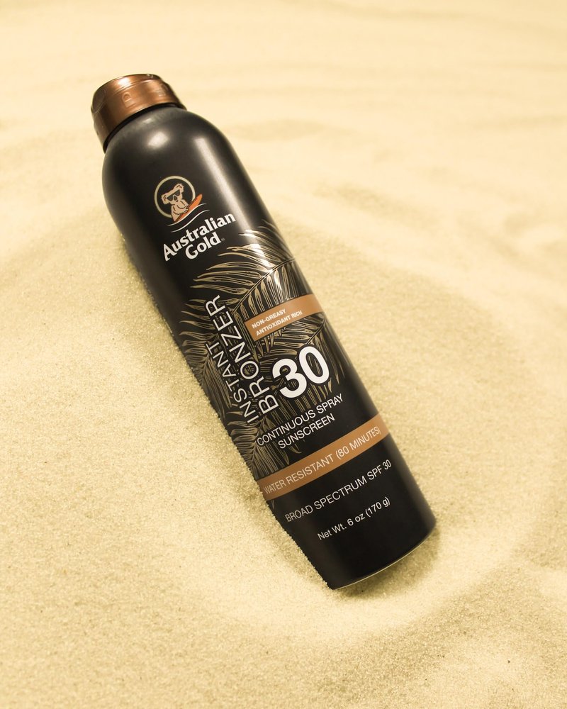 Australian Gold Continuous Spray Sunscreen with Instant Bronzer SPF 30, Immediate Glow & Dries Fast Water Resistant NonGreasy Oxybenzone Free Cruelty Free, Bronzer New, Orange, 6 Oz