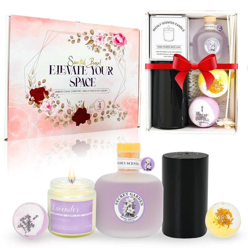 Luxury Spa Gift Basket for Women - Waterless Diffuser, Scented Candle, Bath Bombs | Perfect Birthday Gift for Mom, Wife, Girlfriend