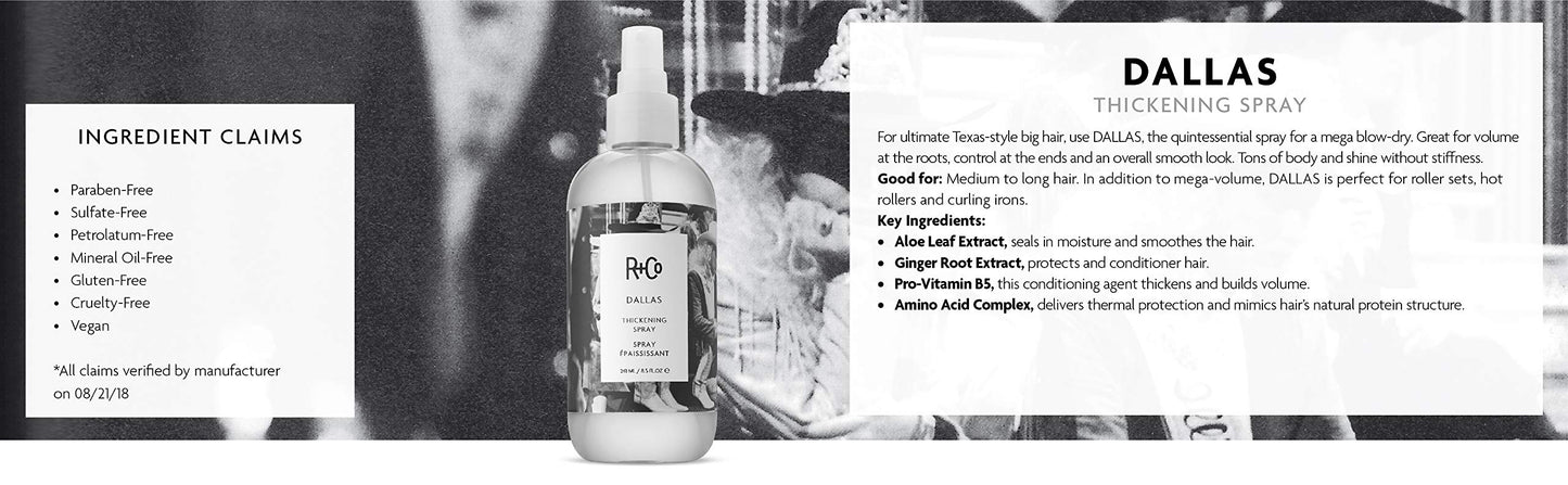 R+Co Dallas Hair Thickening Spray | Volumizing & Texturizing Spray for All Lengths | Adds Volume, Body & Shine | Perfect for Blowouts, Curling Irons & Roller Sets | 8.5 oz