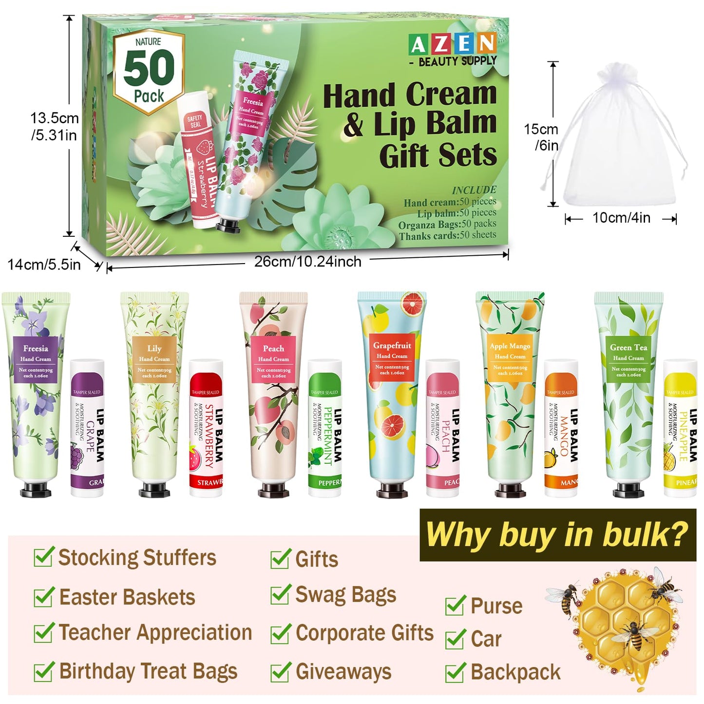 AZEN 50 Sets Bulk Gifts, Hand Cream and Lip Balm Bulk Set with Organza Bag Thank You Card, Baby Shower Wedding Gift for Guests, Bridal Wedding Favors for Guests, Mothers Day Gifts Stocking Stuffers
