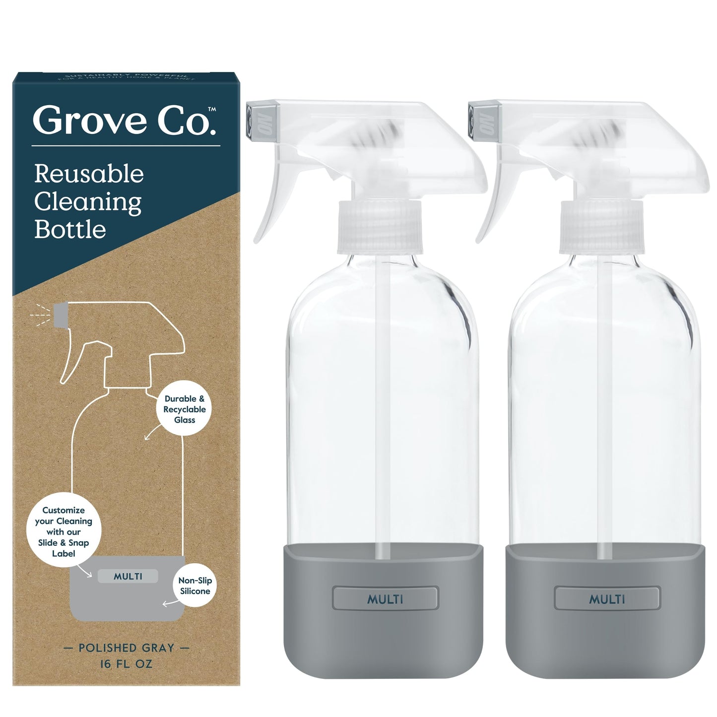 Grove Co. Glass Spray Bottles for Cleaning Solutions, 2-Pack Bundle, Unique Silicone Sleeve Slide & Snap Custom Label, Refillable Spray Bottle, Made from Recycled Glass, 2 x 16 oz