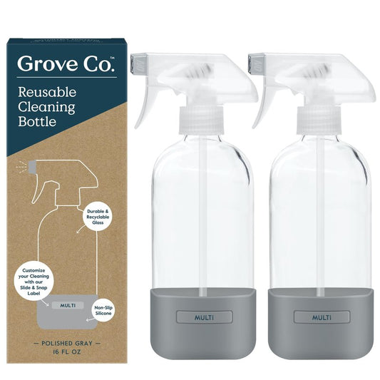 Grove Co. Glass Spray Bottles for Cleaning Solutions, 2-Pack Bundle, Unique Silicone Sleeve Slide & Snap Custom Label, Refillable Spray Bottle, Made from Recycled Glass, 2 x 16 oz