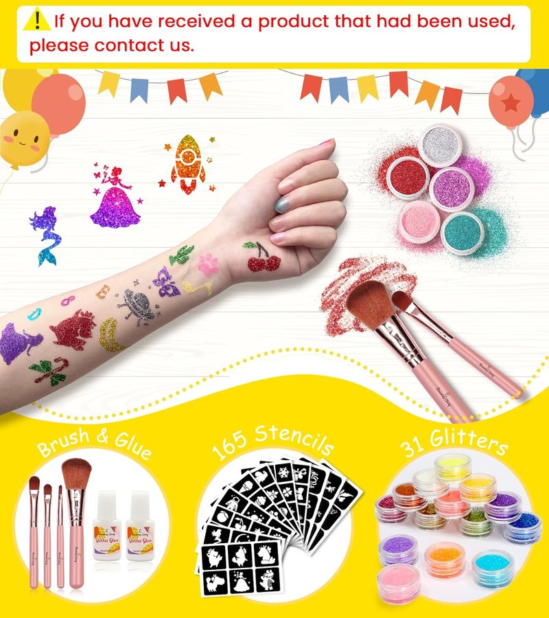 Glitter Tattoo Kit for Kids - 31 Colors, 165 Stencils & Brushes | Fun Arts & Crafts for Birthday Parties & Festivals