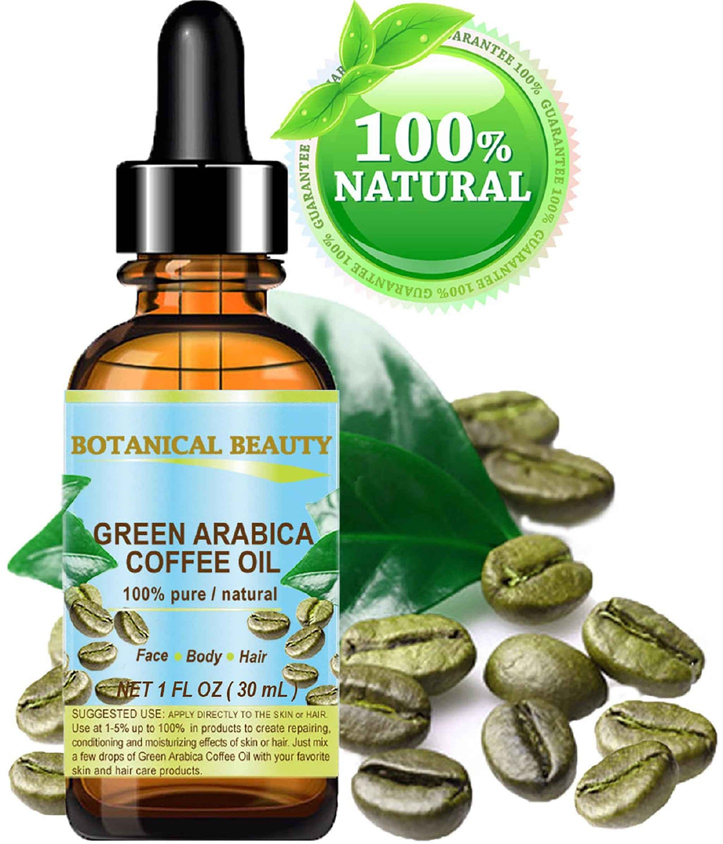 Botanical Beauty GREEN ARABICA COFFEE OIL Brazilian 100% Pure Virgin Unrefined for Face, Skin, Hair, Lip, Nails. Anti - Aging Face Oil (1 Fl Oz)