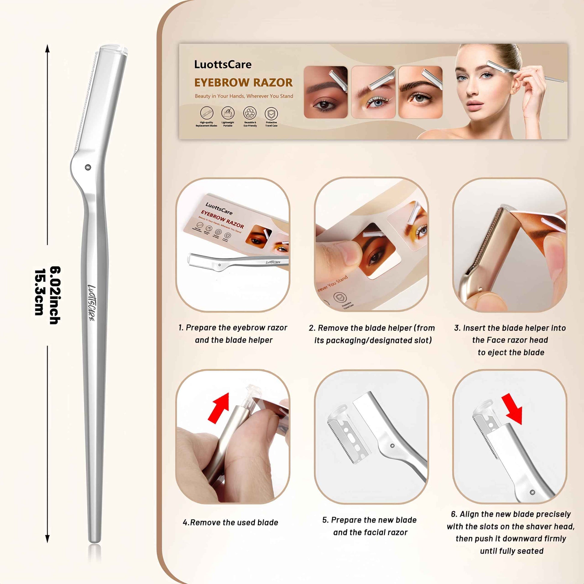 LuottsCare Stainless Steel Eyebrow Razor - Face Razors with Travel Cover & 10 Refill Blades, Eyebrow Brush - Help Exfoliate and Smooth Skin for Eyebrow, Leg, BIKINI, Facial, Beard Remove - L