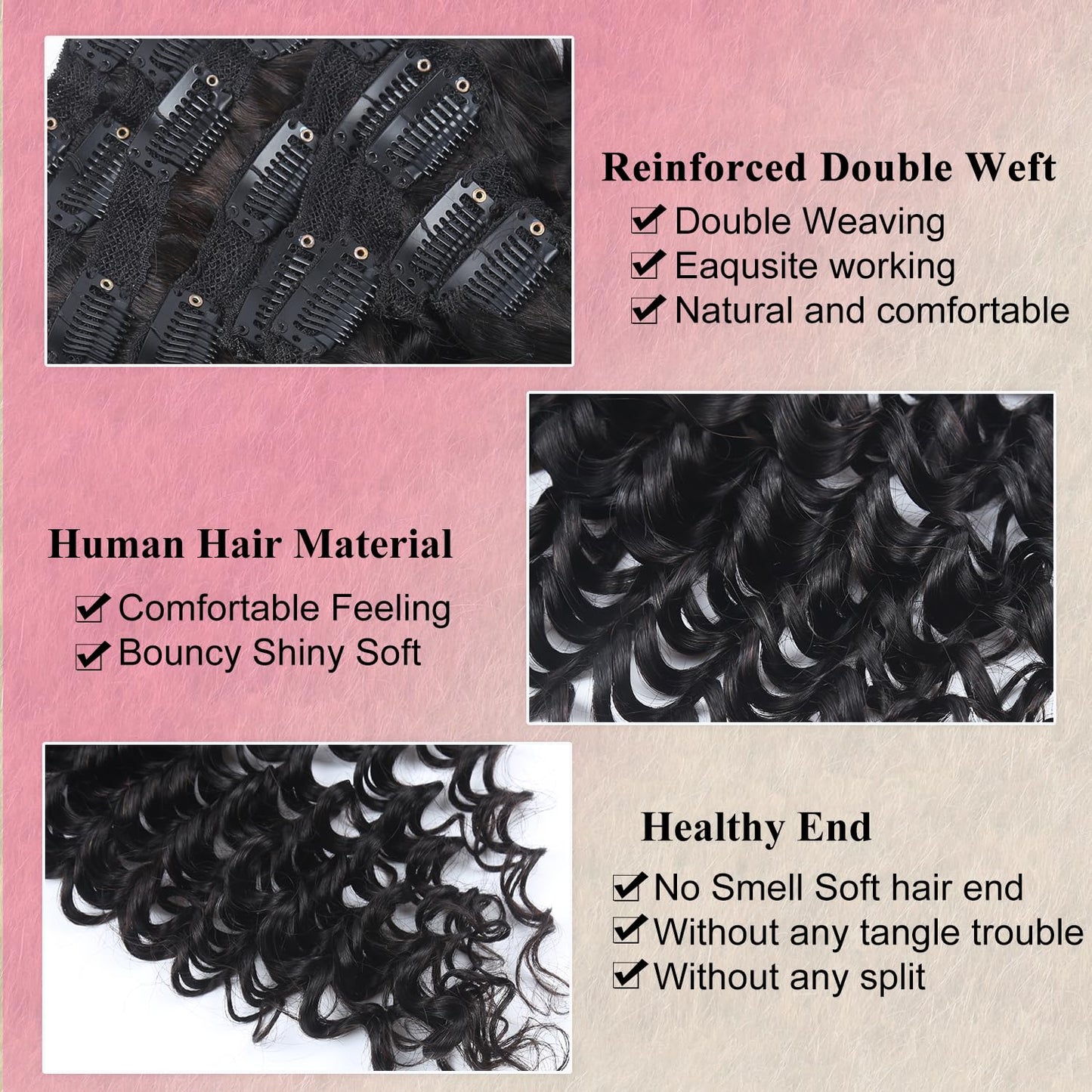 Deep Wave Clip in Hair Extensions Real Human Hair 14 Inch Deep Curly Clip ins for Women Invisible Seamless Remy Human Hair Clips in Extensions 8pcs 100g/3.5oz 20 Clips Double Weft Natural Black