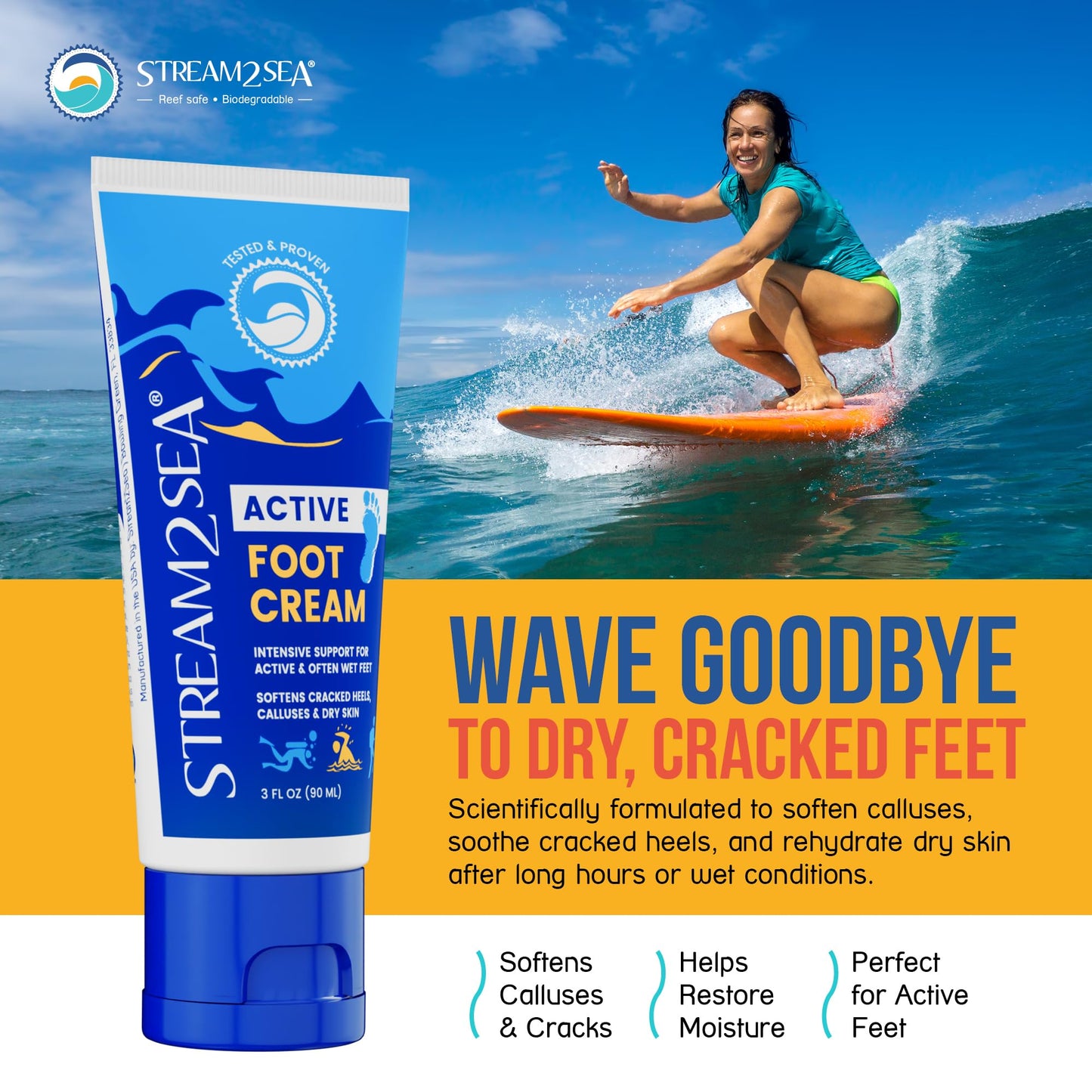 STREAM 2 SEA Active Foot Cream, Intensive Support for Active & Often Wet Feet - Softens Cracked Heels, Calluses & Dry Skin, Enriched with Neem and Tea Tree, Fast-absorbing and Non-greasy - 3 Pack