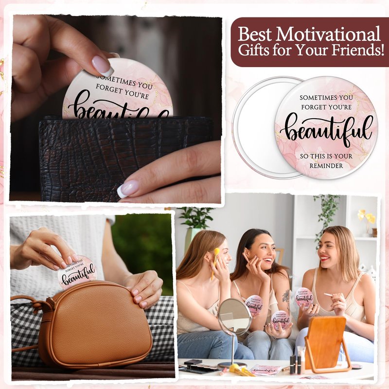 Cinnvoice 50 Sets Pink Mirror Gifts for Women Inspirational Mini Compact Mirror Bulk Small Round Pocket Makeup Graduation Gifts for Teacher Nurse Team Students Coworker (Beautiful)