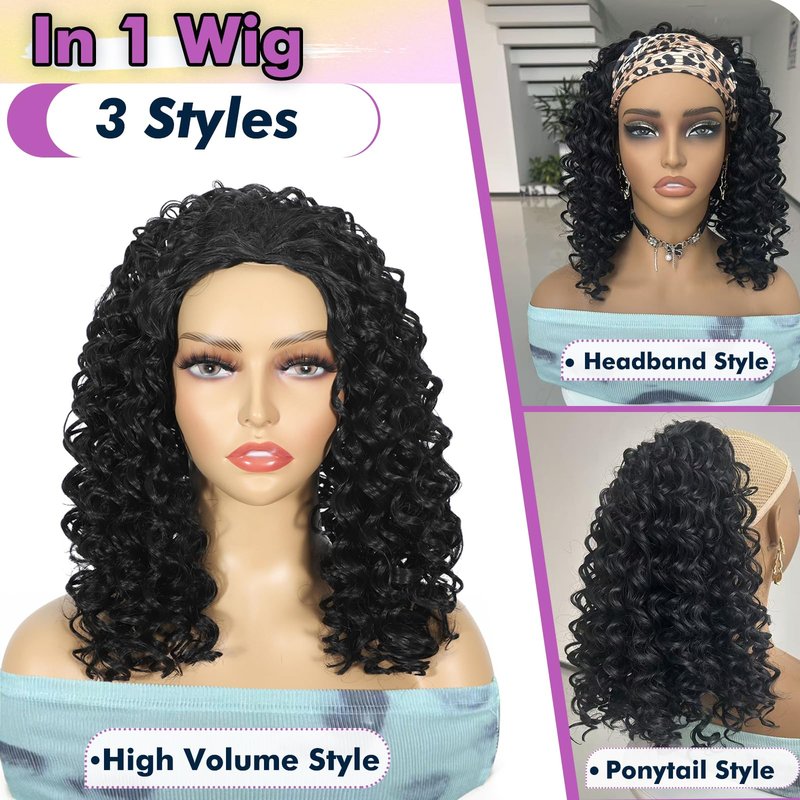 DEYNGS Synthetic Half Wig, Kinky Curly 3 In 1 Wigs For Black Women, Seamless Flip Over Half Wigs Glueless Wear and Go Beginner Friendly Drawstring Headband Wig for Women