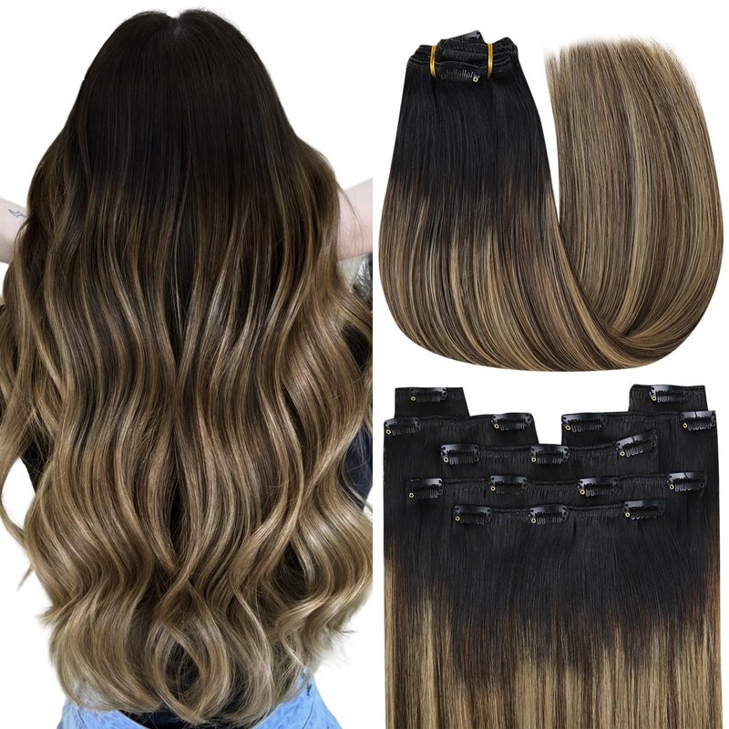 YoungSee 18 Inch Ombre Clip in Hair Extensions 120G Balayage Clip in Human Hair Extensions Natural Black Ombre Dark Brown Mix Blonde, Can Be Heat-styled Clip ins Extensions for Women At Home 7Pcs