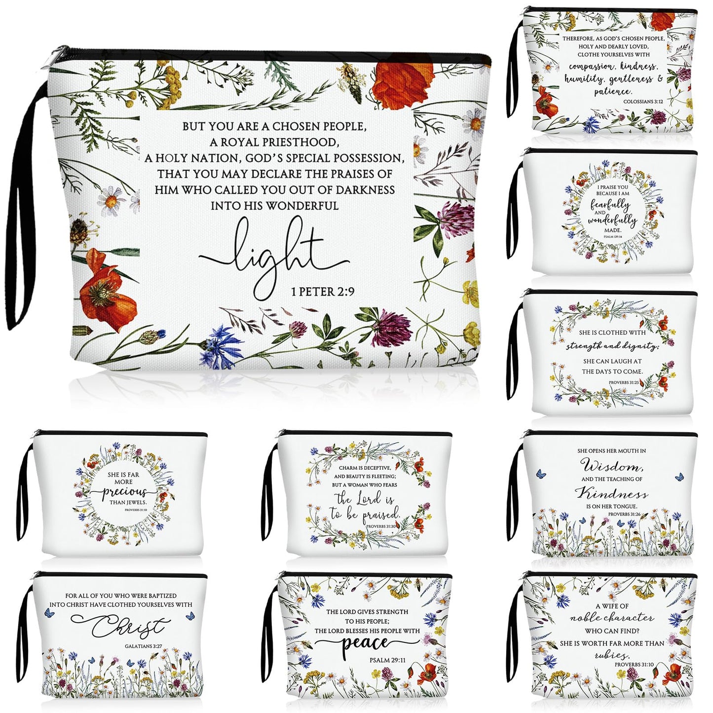Talltalk 20 Pcs Christian Makeup Bags 10 Styles Bible Cosmetic Bags Bulk Bible Cover Floral Makeup Bag with Handle Inspirational Christian Religious Gifts for Women Godmother Church VBS Gifts