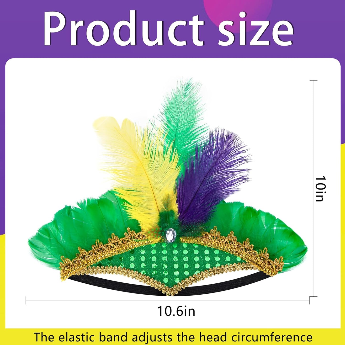 Mardi Gras Feather Headband Set - 8 Pcs Purple, Yellow & Green Masquerade Accessories | Flapper Headdress for Women & Girls