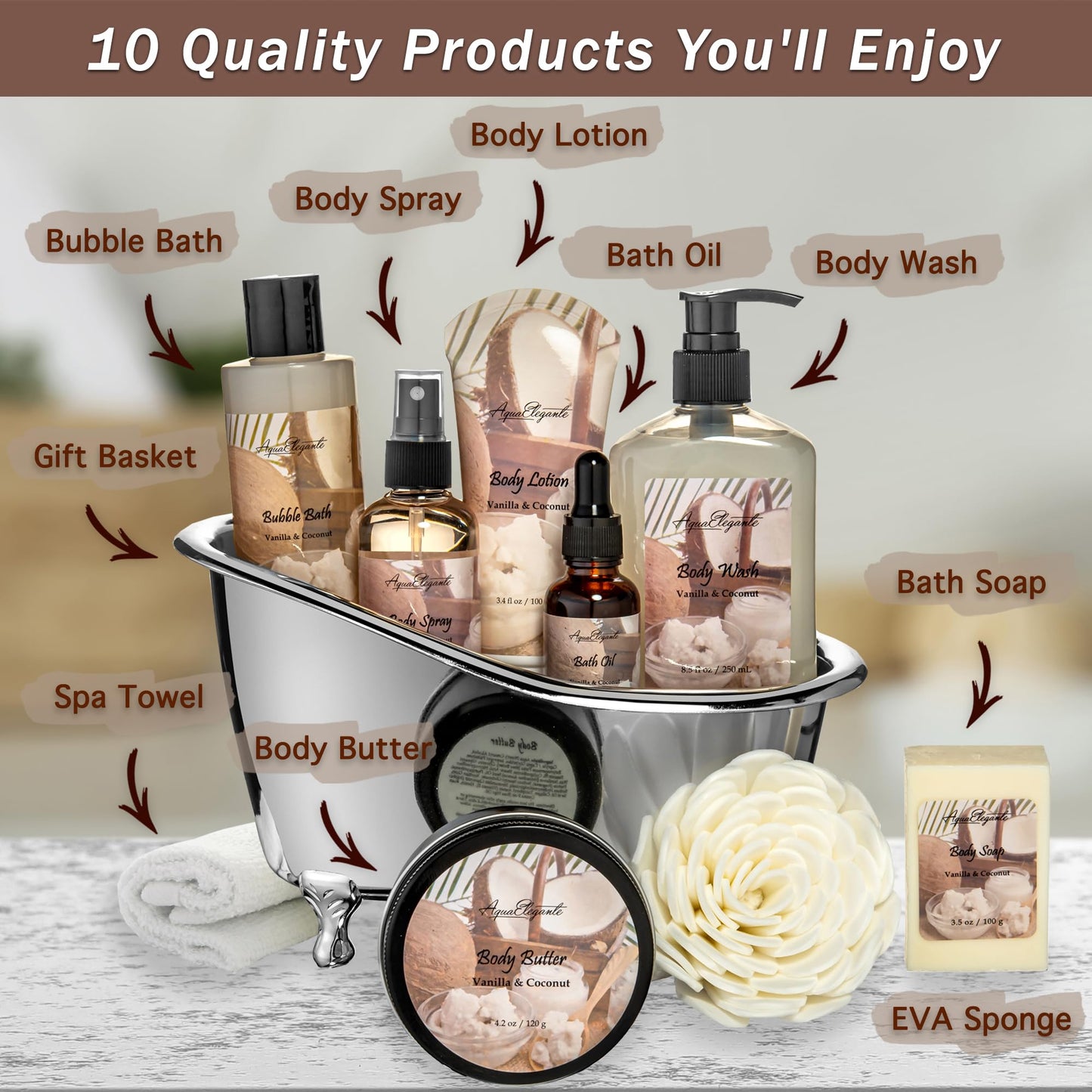 Aqua Elegante Spa Gift Basket For Women - Luxury Bath Set with Wash, Bubbles, Lotion, Body Butter, Soap, Towel, Shower Puff, Reusable Basket, Gifts for Mom, Wife, Girlfriend - Coconut & Vanilla