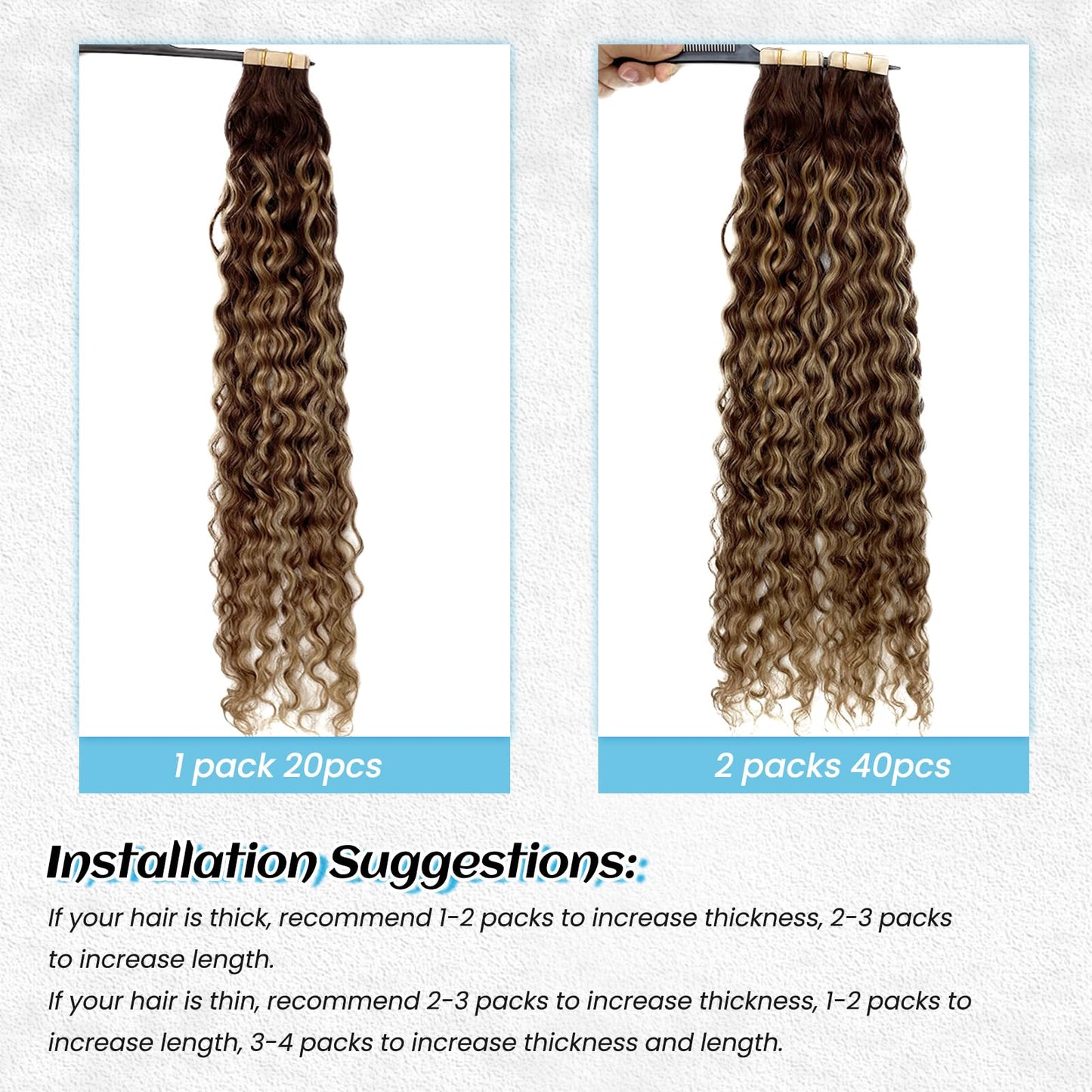 Honey Blonde Highlight Water Wave Tape in Human Hair Extensions Tape ins Real Human Hair Extensions for Black Women Ombre Brown with Caramel Blonde Highlight Loose Curly Skin Weft Hair Extension 12”