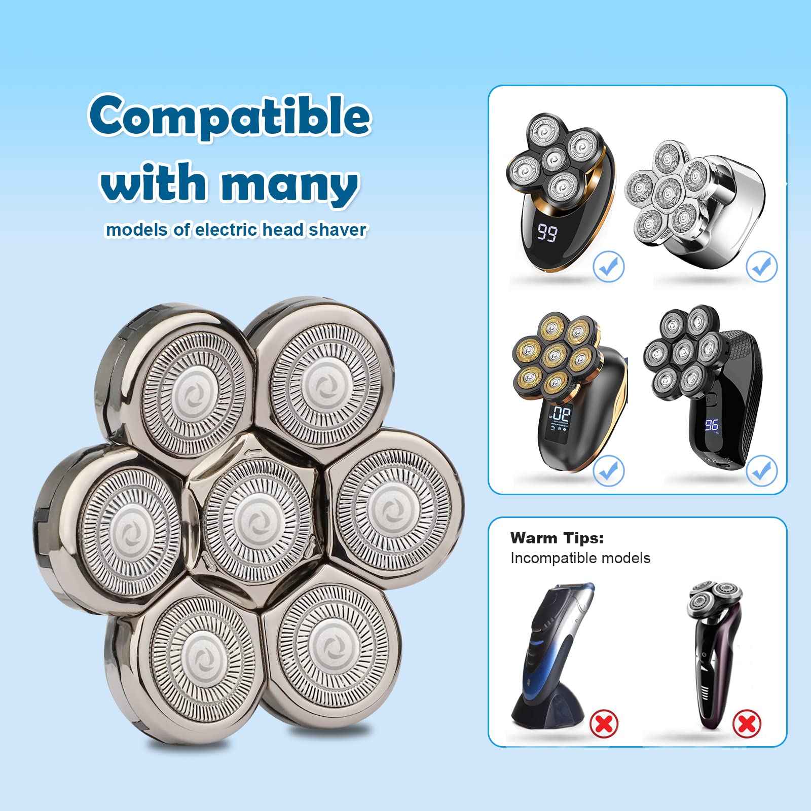 Electric Shaver Replacement Heads 7D - 7 Blades Head Shaver Replacement Heads Universal Stainless Steel Rotary Blade Refills for Bald Head Razor for Men (Silver Gray)