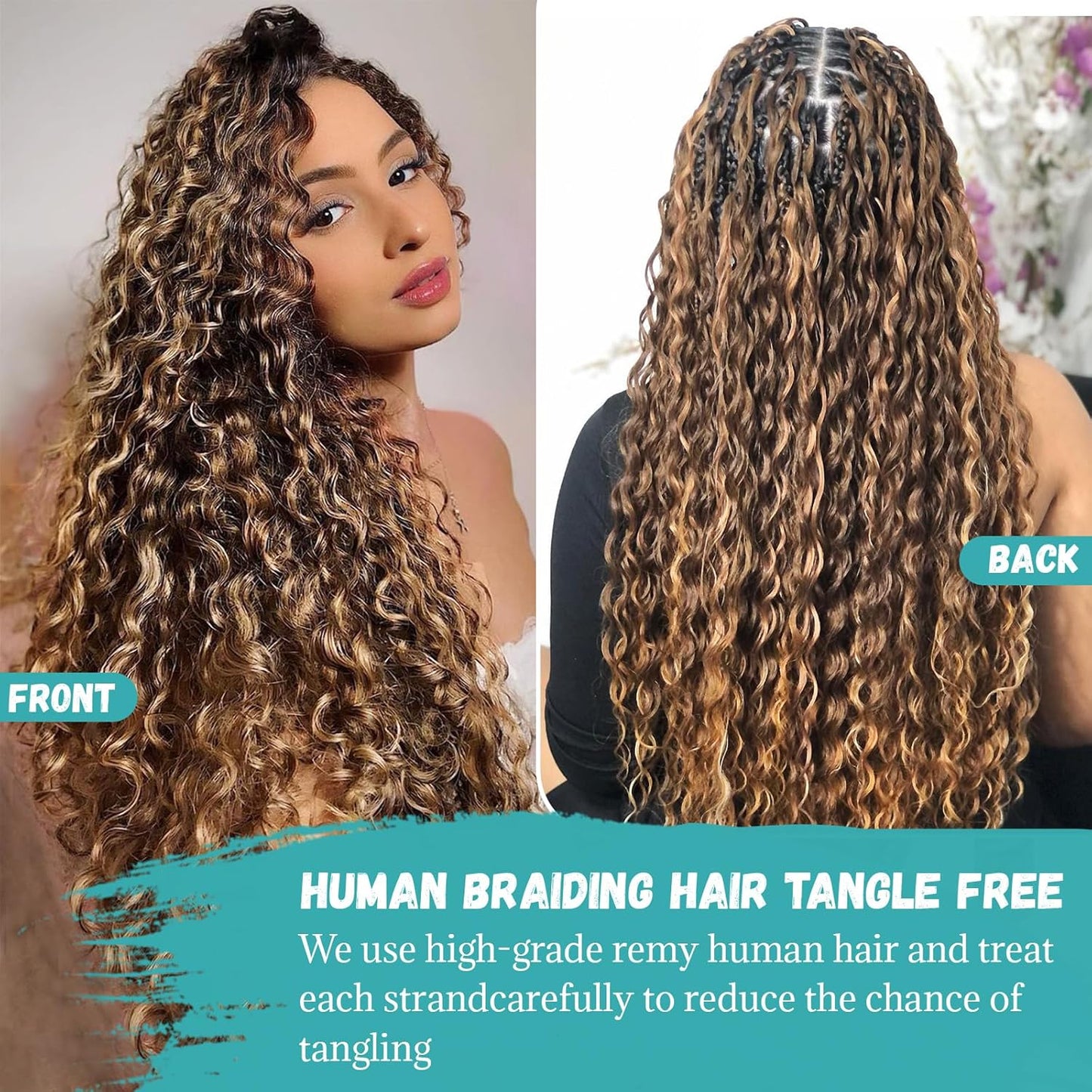 Human Braiding Hair - Deep Wave Ombre Curly Bulk Hair, 100g 2 Bundles | 14in P4/27 Highlight Brown for Boho Braids