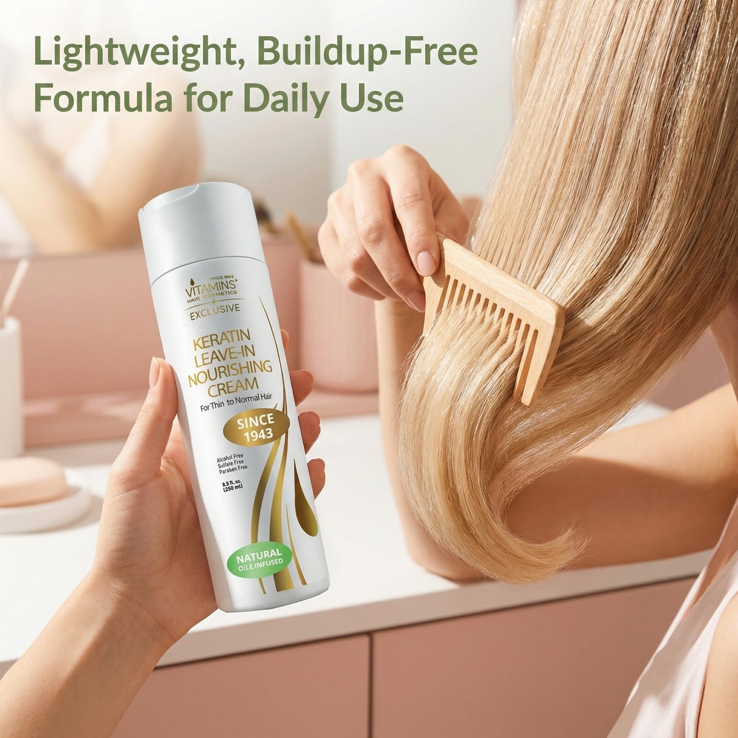VITAMINS hair cosmetics Keratin Leave In Conditioner for Thin Hair - Lightweight Moisturizer & Hydrating Detangler Cream for Dry Damaged Hair - Frizz Control & Sulfate Free - 8.5 Fl Oz