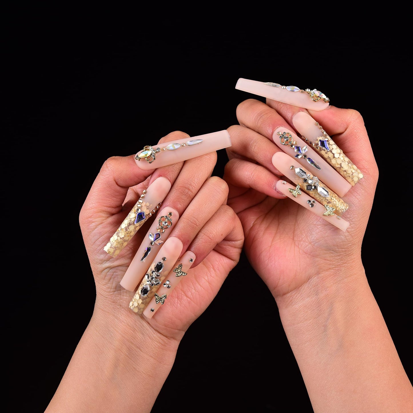 Tmani 10pc/set Extra Long Handmade Press On Nail Hot Girl's Long Ballet Square Nail Full of Diamond Glitter Decoration Fake Nails Suitable For Girls Festival Parties and Birthday Gift（171,Size-S)
