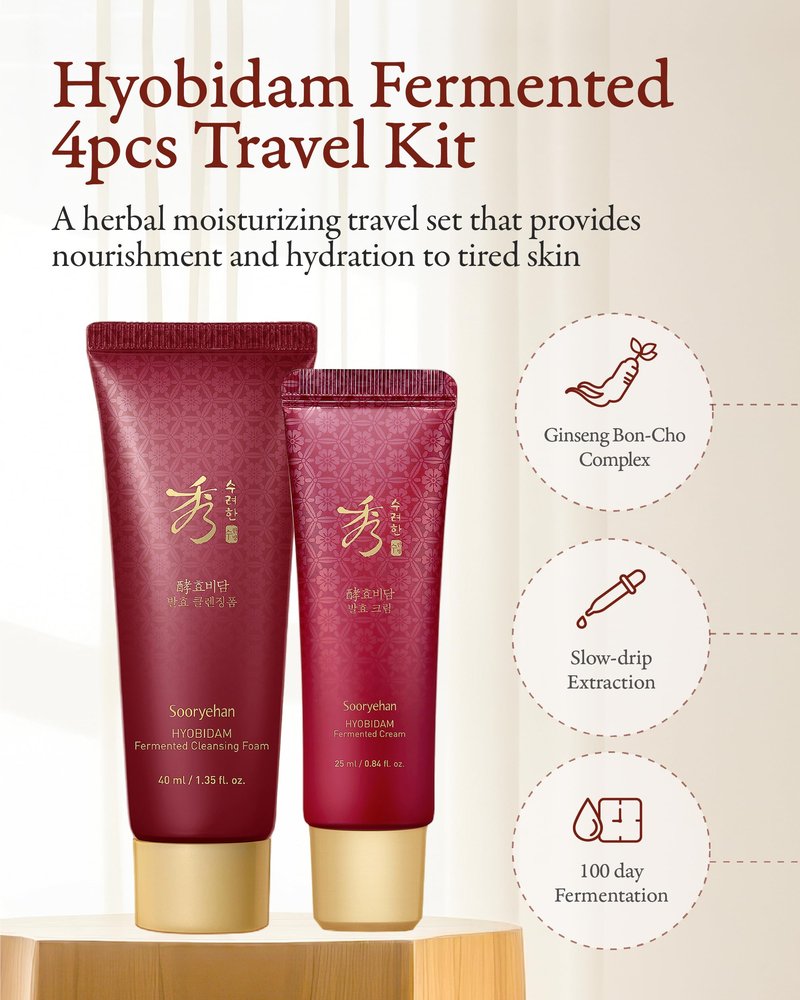 Sooryehan Hyobidam Fermented Skincare Trial Kit (Pack of 4) - Korean Skincare Miniature Set: Toner, Emulsion, Cream & Cleansing Foam - Herbal Hydration & Elasticity, Ginseng Extract, Travel Size Gift
